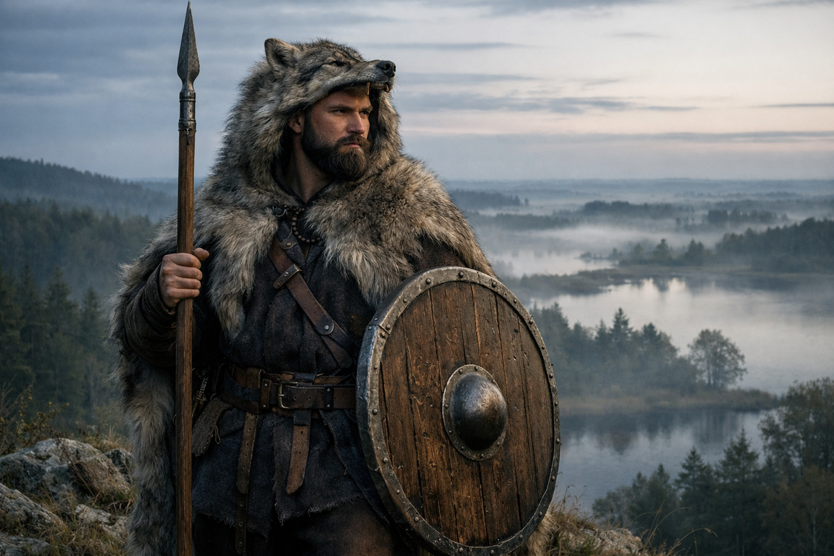 Суровый полабский славянский воин раннего Средневековья стоит на холме среди северного пейзажа. На нём тёмная шерстяная одежда, кожаные ремни, копьё и круглый щит. В облике чувствуется не варварская дикость, а собранная сила и волчья настороженность. На дальнем плане — леса, озёра и туманная равнина северной Германии.