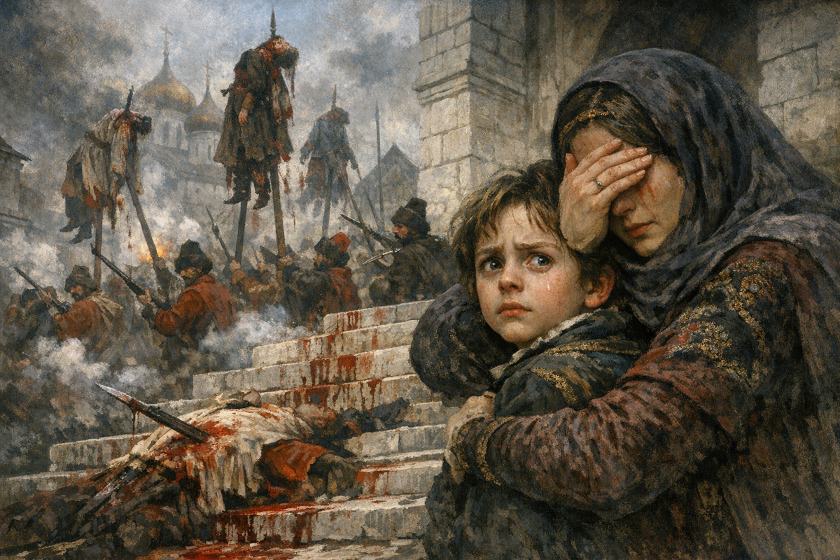 Десятилетний мальчик смотрит, как стрельцы...