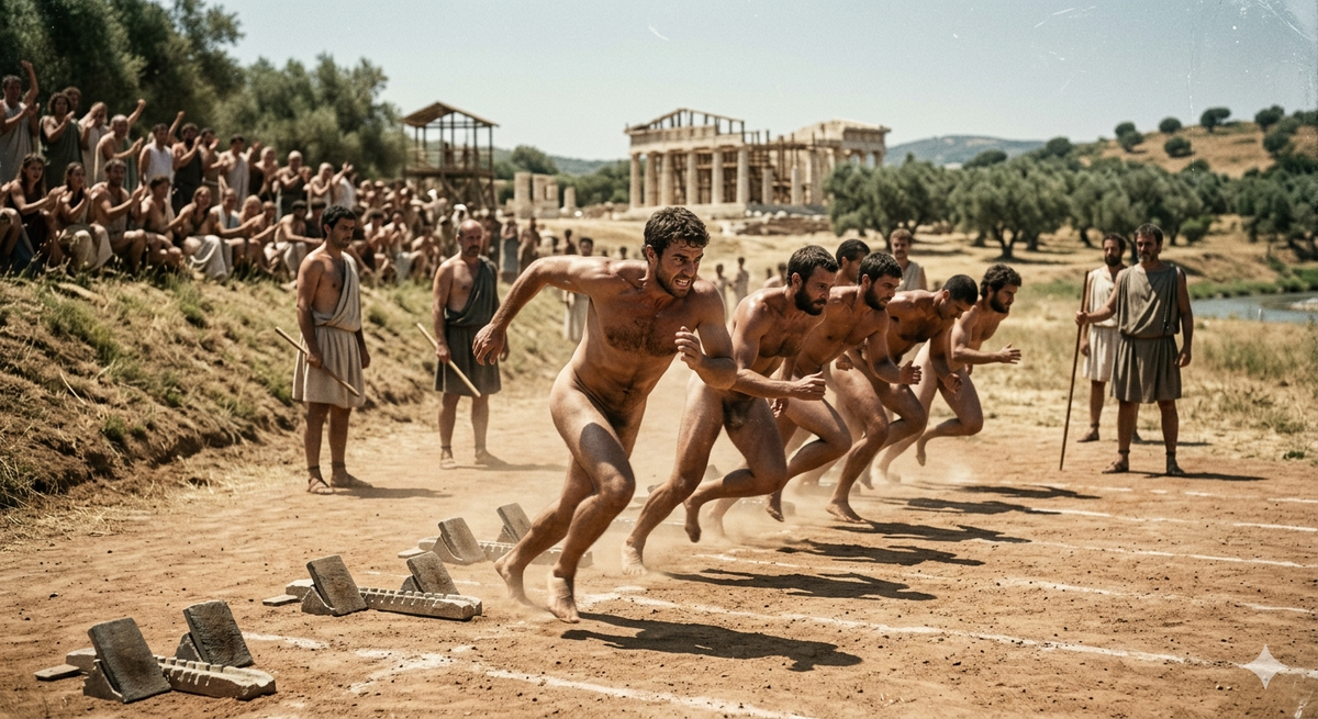 Момент старта бегунов в Олимпии под палящим солнцем Греции. Изображение сгенерировано ИИ.