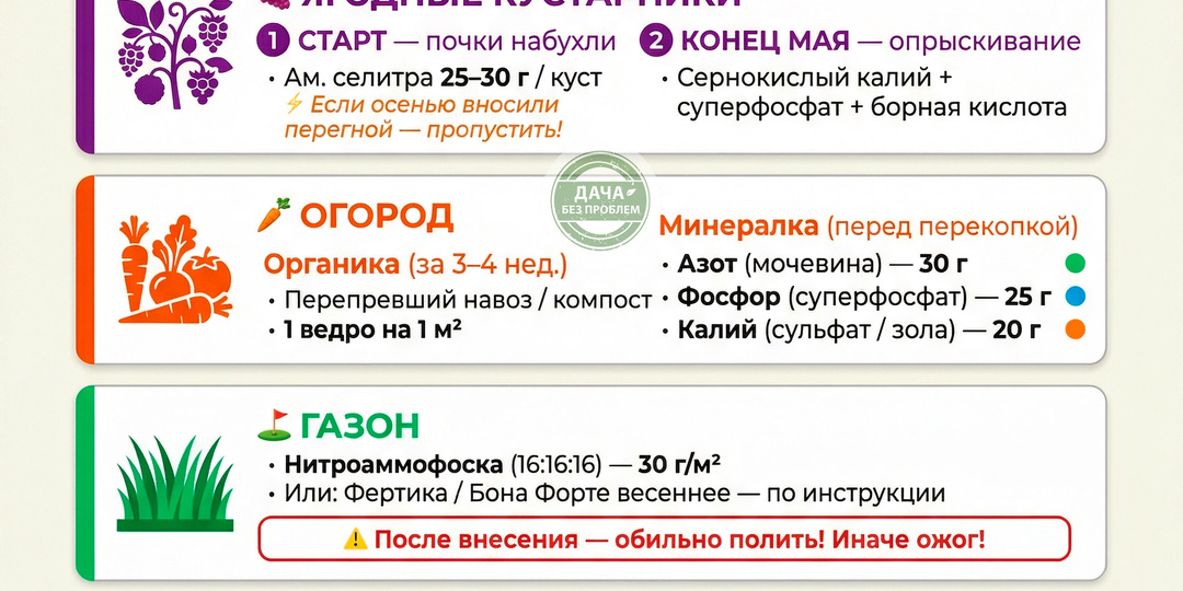 Первая подкормка сада: кого и чем кормить после схода снега (шпаргалка по всем культурам)