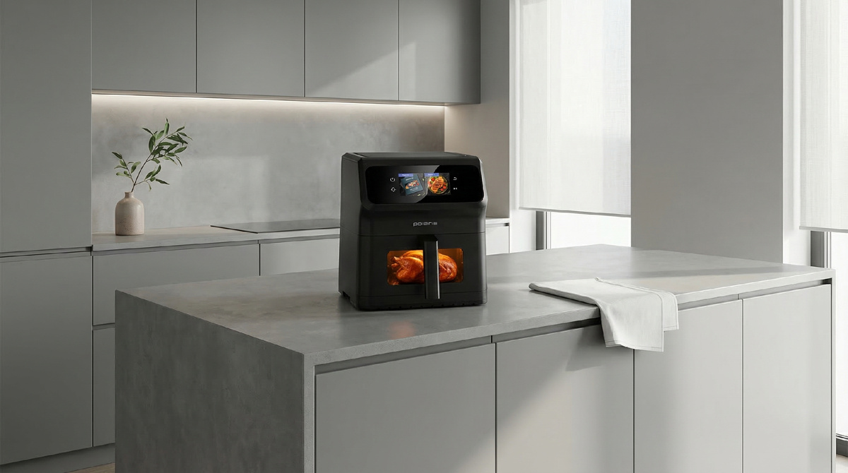 Аэрогриль электрический Polaris PAF 9007WS — сочетает функции фритюрницы, гриля и духовки.