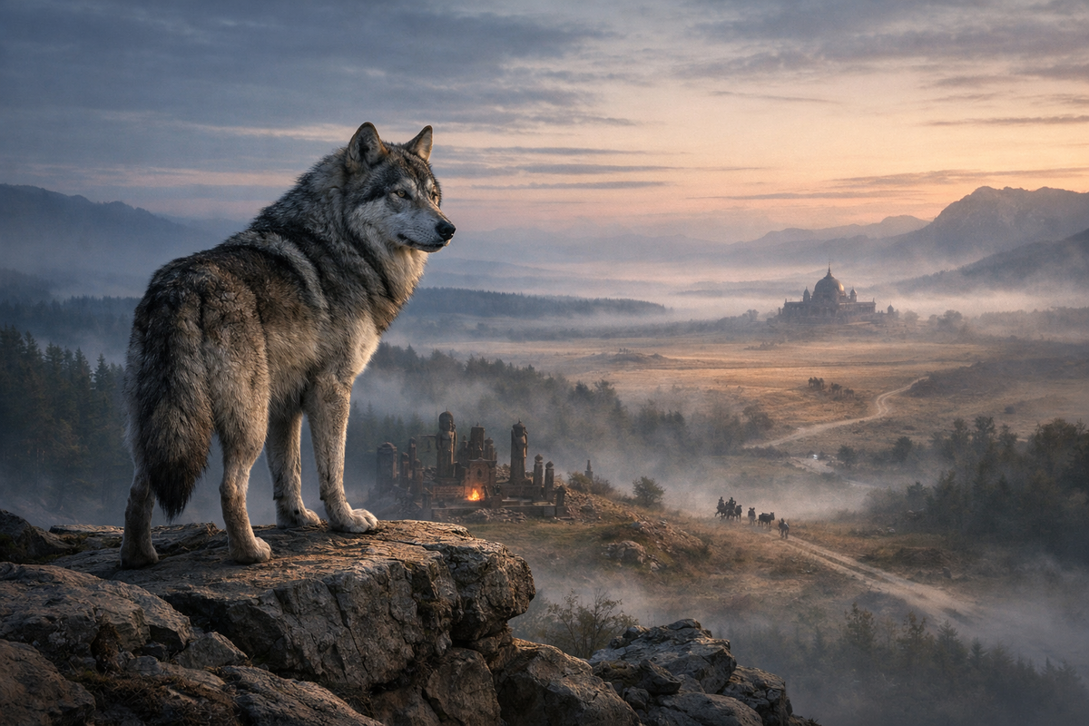 Один большой серый волк стоит на высоком каменном выступе над огромным пространством лесов, степей, гор и туманов. Внизу в разных далях угадываются разные культурные миры: северный лес, степной горизонт, древнее капище, далекий храм, походная дорога. Волк смотрит не как хищник, а как древний свидетель человеческой истории.
