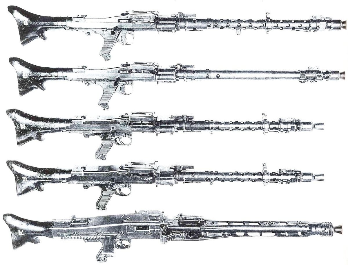 Сверху вниз: стандартный MG-34, MG-34, разработанный для установки на танках, MG-34S, MG-34/41, MG-42.