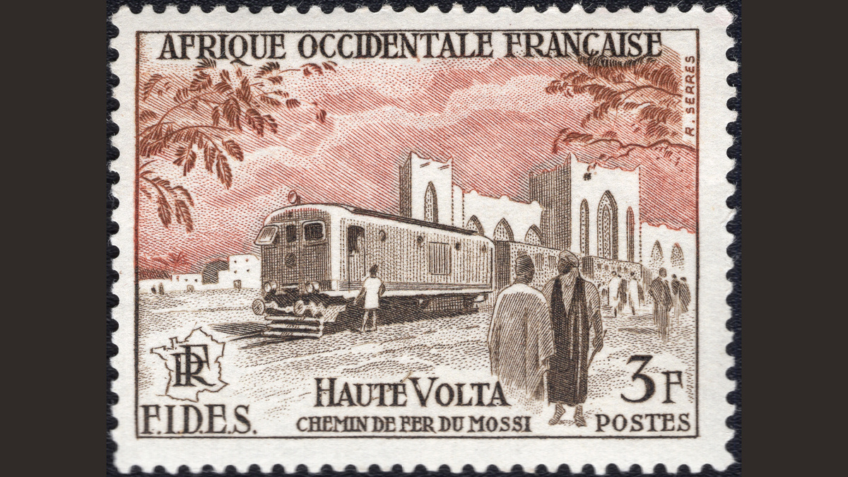 1. Французская Западная Африка, 1956 год, № 76. Железная дорога Мосси, железнодорожная станция в Уагадугу (Верхняя Вольта). Инвестиционный фонд экономического и социального развития (F.I.D.E.S.).
