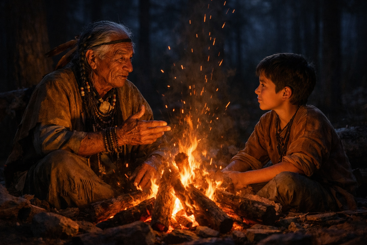 Старый индеец чероки сидит у ночного костра и спокойно разговаривает с мальчиком-внуком. Вокруг темный лес, искры поднимаются в небо, лица освещены огнем. Атмосфера мудрости, тишины и передачи древнего знания. 