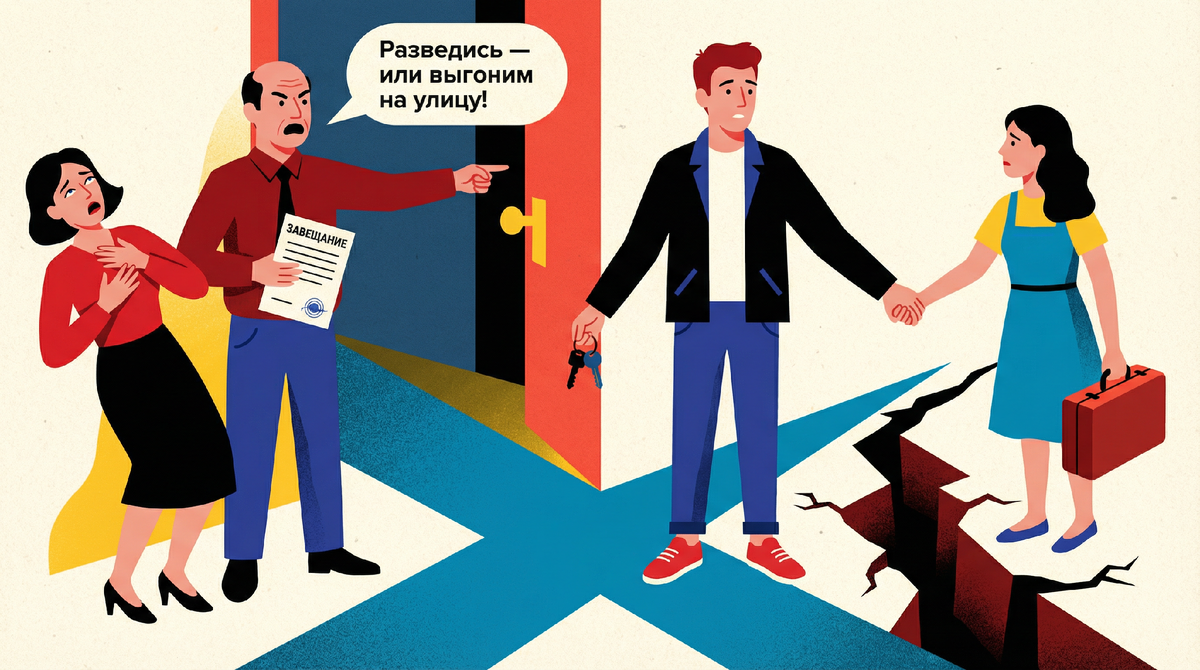 Женился, привел жену к своим родителям и начался цирк. Моя мать теперь «падает в обморок» каждый раз, когда видит жену. Отец поставил ультиматум: «Разведись — или выгоню из квартиры», а завещание переписал на сестру. Разбираемся, имеет ли он право