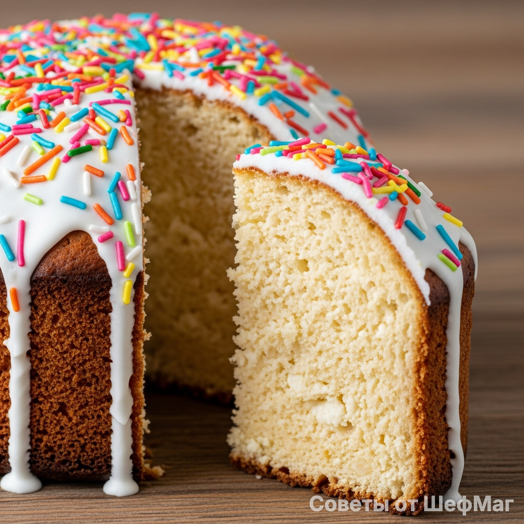 Влажный творожный кулич с белоснежной глазурью и цукатами.