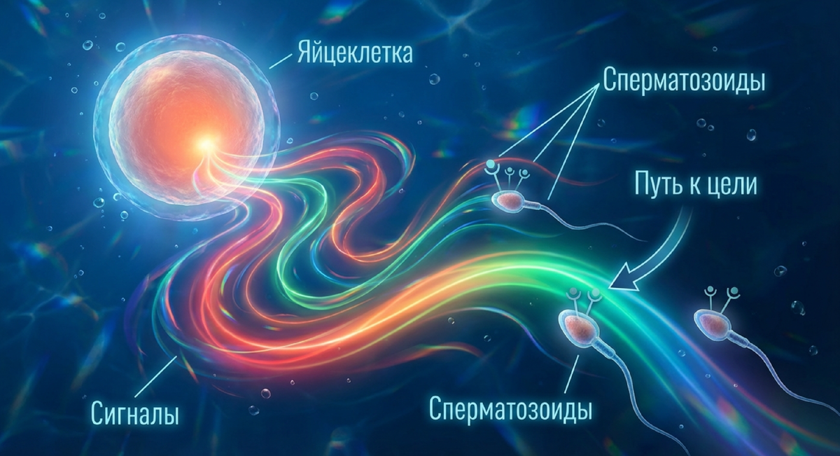 Яйцеклетка выделяет химические сигналы (хемоаттрактанты). Сперматозоиды улавливают их и плывут по этому невидимому пути прямо к цели