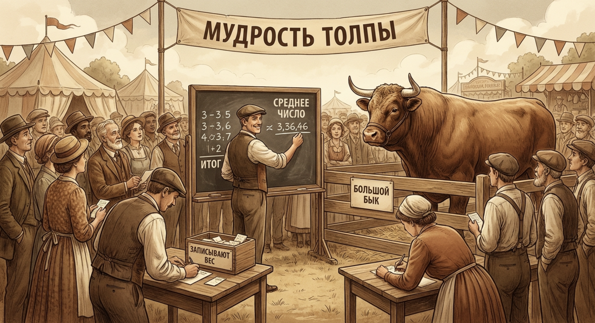 Классический пример: люди на ярмарке угадывают вес быка, а среднее их ответов оказывается очень точным