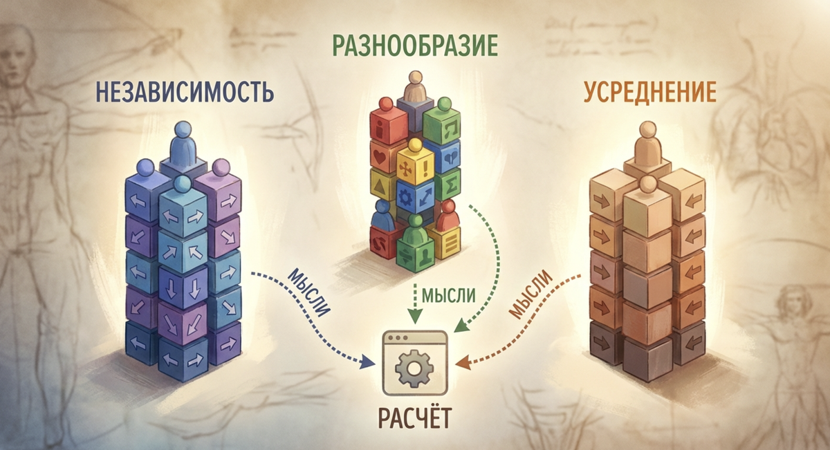 Три главных условия для «мудрости толпы»: независимость мнений, разнообразие людей и правильное усреднение ответов