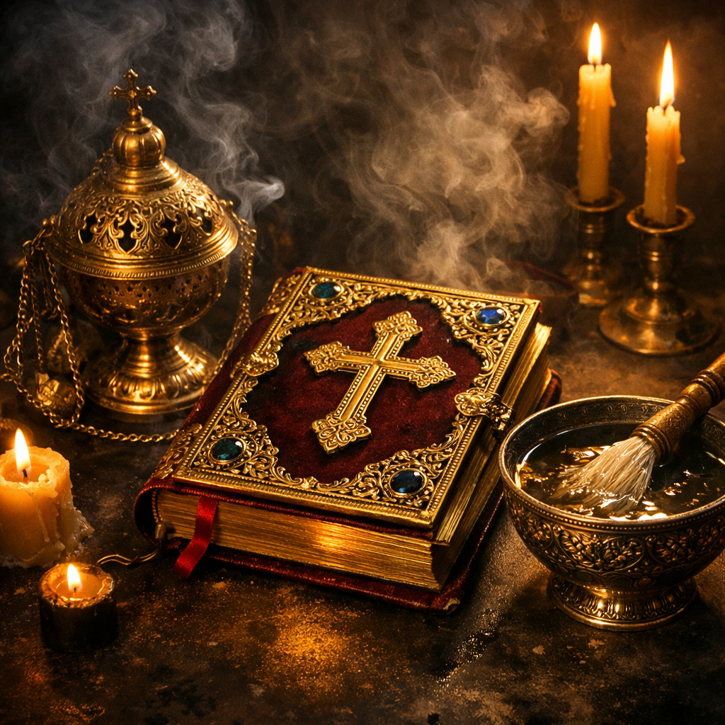 псалтырь, крест православный, сила псалмов, духовная энергия, ритуал, священные предметы, золотая книга, мистическая атмосфера, защита, молитва