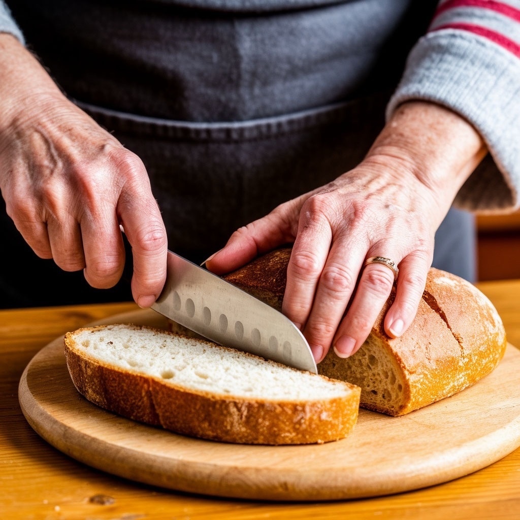 бабушкины руки, режущие хлеб
