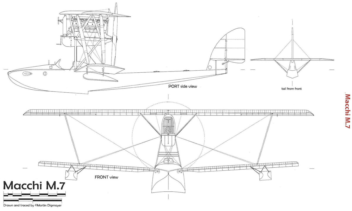 схема летающей лодки-истребителя Macchi M.7. Виды сбоку и спереди. Чертеж flyingmachines.ru