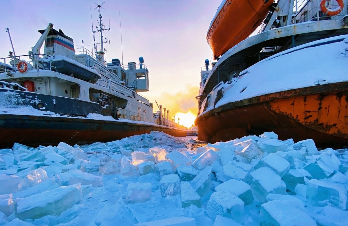 Жатайский судоремонтный завод: речной флот Якутии на зимней стоянке, лёд между бортами - результат работы бригады выморозчиков Фото К. Гизатулина, канал Путь выморозчика