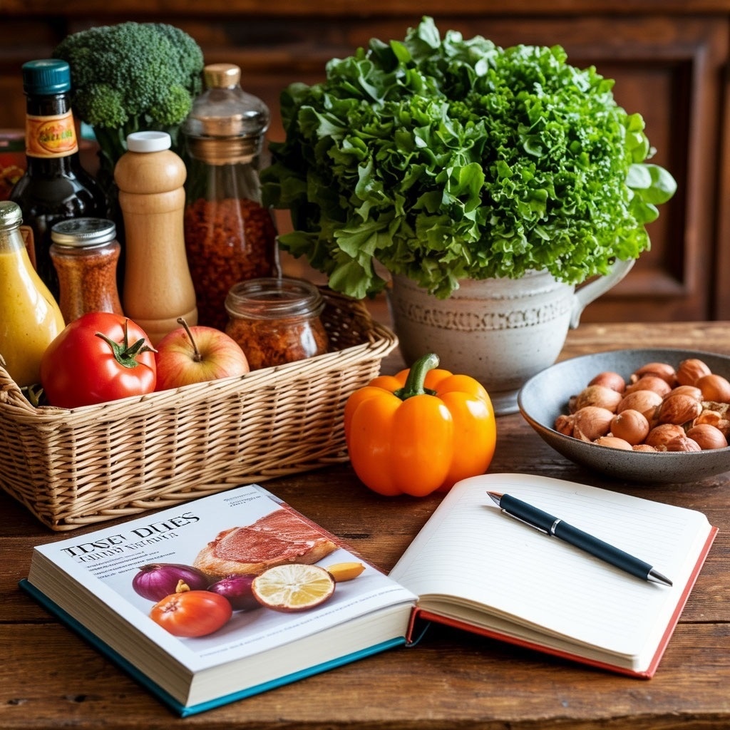 на столе — продукты, поваренная книга, блокнот