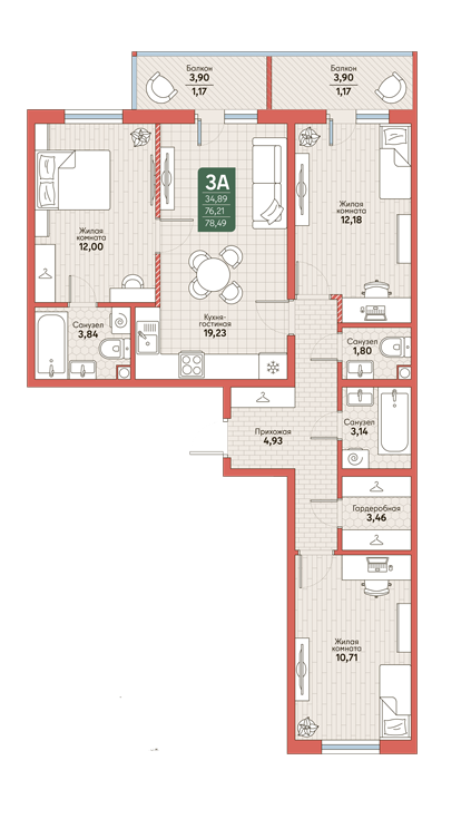 Планировка 3-комнатной квартиры в ЖК «Депо»