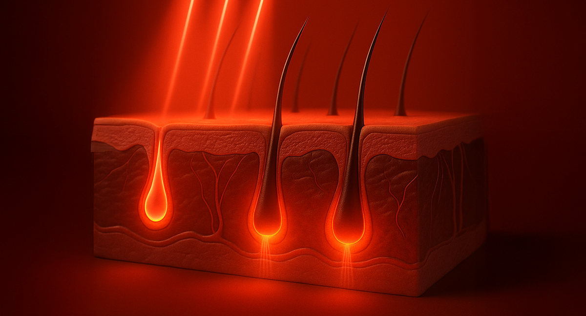 Глубина проникновения света разных длин волн в кожу — красный 630–660 нм достигает фолликула