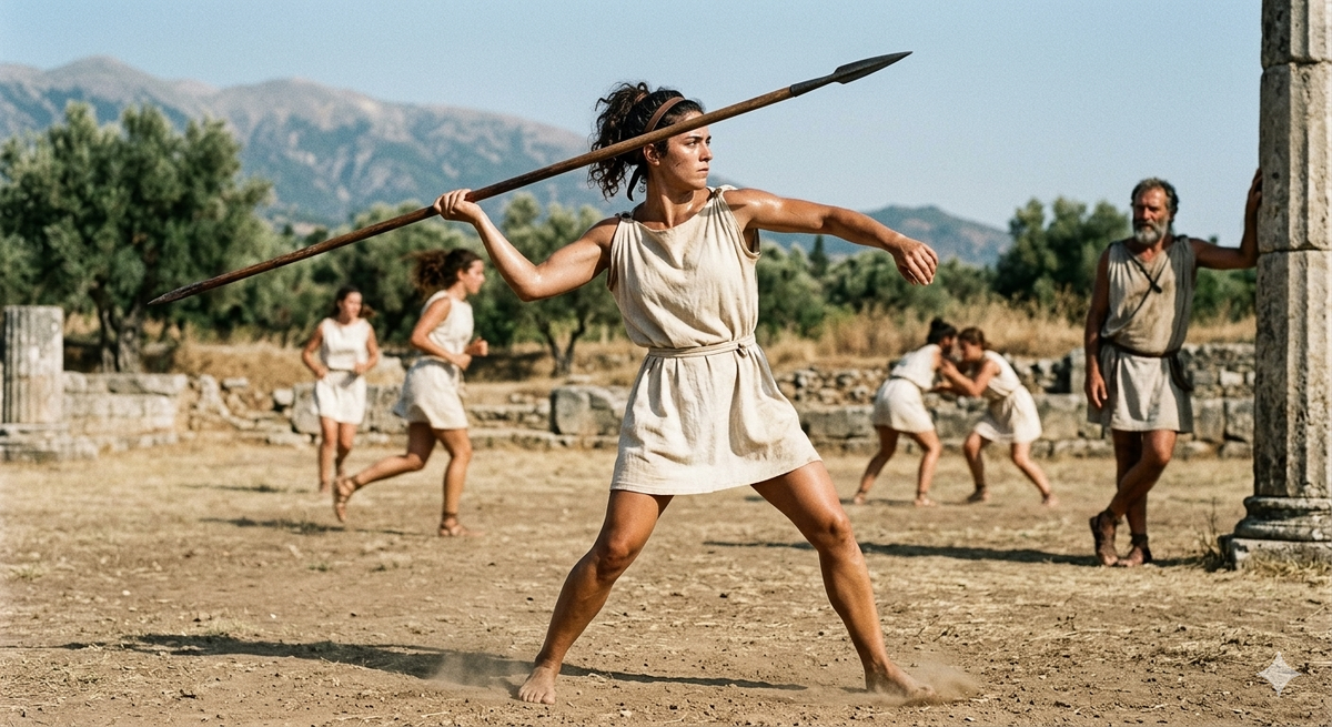 Cпартанская атлетка в момент подготовки к метанию копья на тренировочной площадке. Изображение сгенерировано с помощью ИИ.