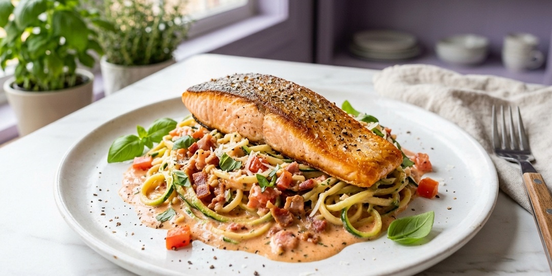 Лосось с кабачковой лапшой в сливочно-томатном соусе с беконом — кето-ужин за 30 минут