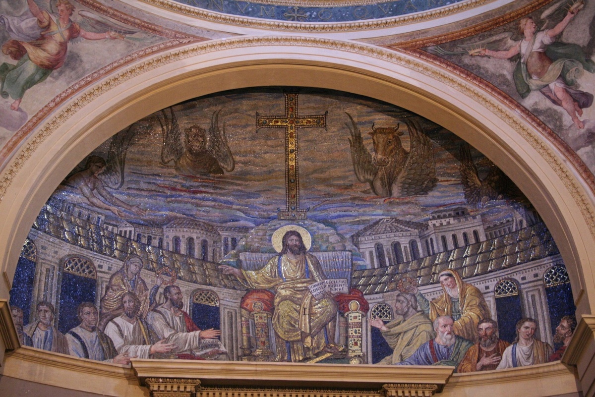 Христос и апостолы в небесном Иерусалиме. Мозаика апсиды. Нач. V в. Церковь Санта-Пуденциана, Рим