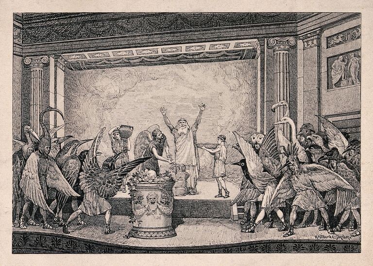 Спектакль по пьесе Аристофана «Птицы». Художник — Генри Жиллард Глиндони. Коллекция Уэллком, Лондон