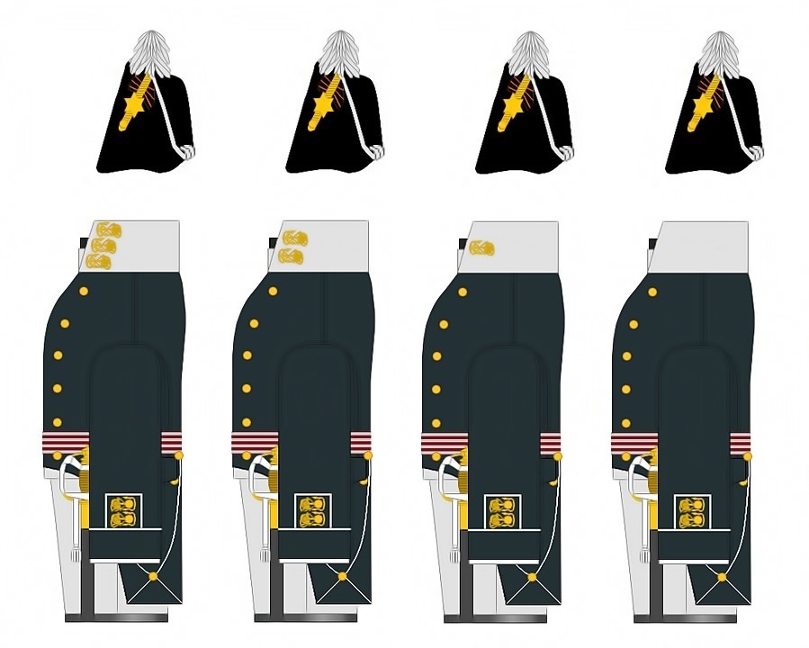 На рисунке-Корабельный флот: Адмирал; Вице-Адмирал; Контр-Адмирал; Капитан-Командор. 