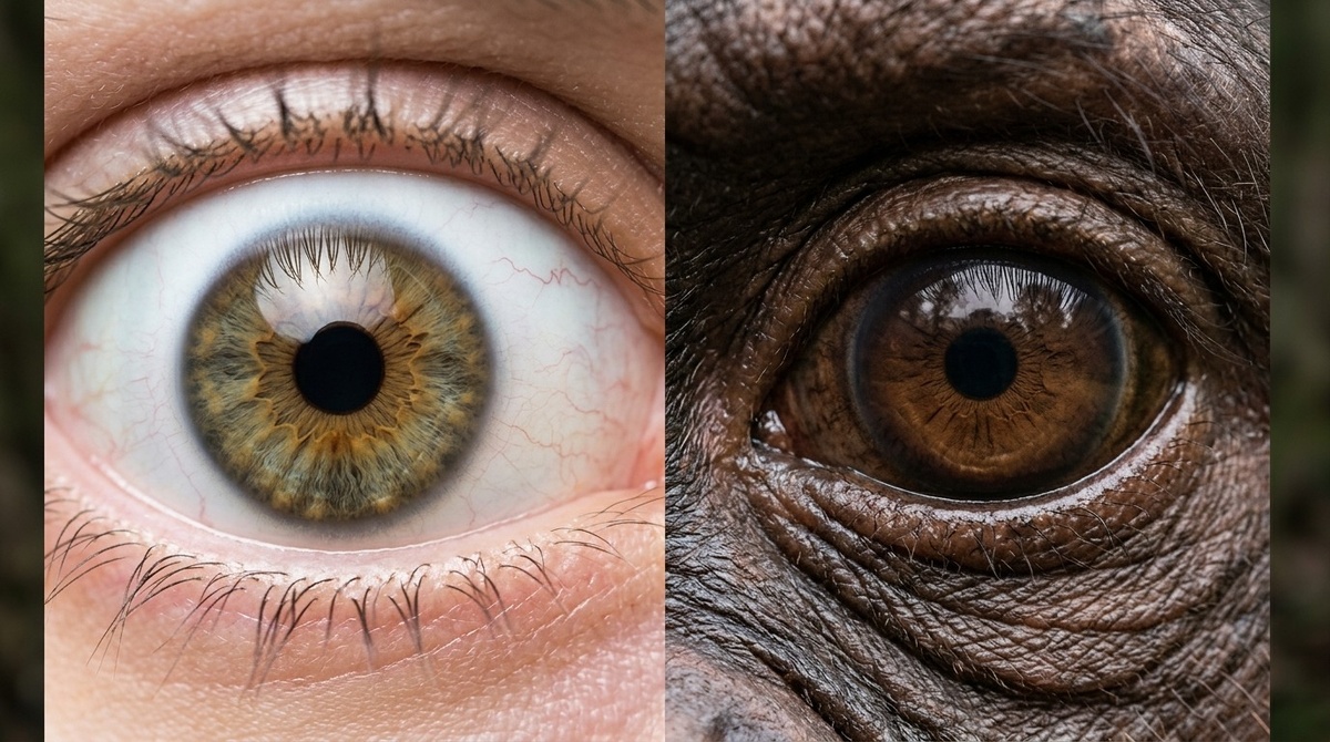    Человеческий глаз с яркой белой склерой и глаз шимпанзе с темной — разница видна сразу