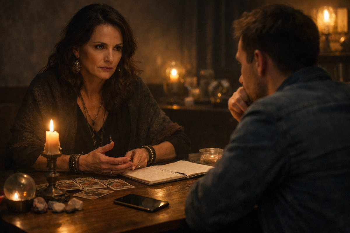 Полутёмная комната. За столом сидит женщина-гадалка или современная эзотерическая консультантка, напротив неё — напряжённый человек, ищущий ответа. На столе свеча, карты, тетрадь, телефон. Лица серьёзные, атмосфера тонкой психологической манипуляции, доверия и скрытого влияния. 