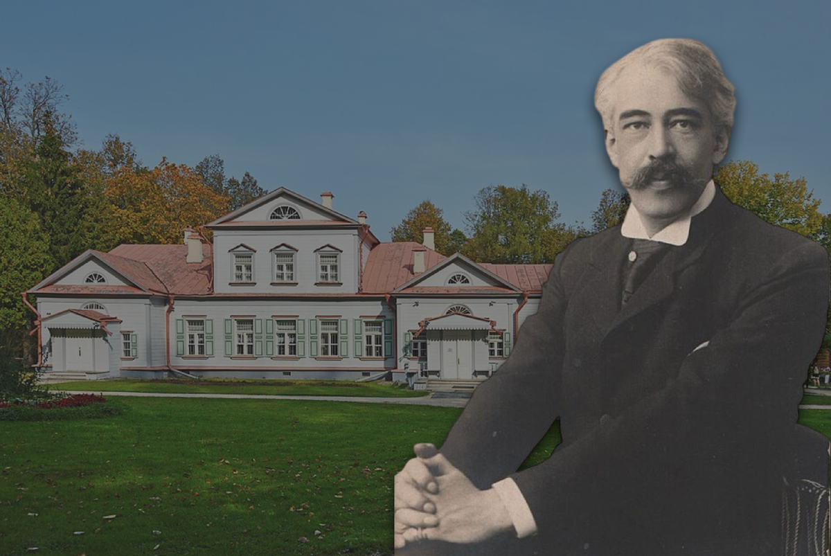 Коллаж: Константин Станиславский на фоне усадьбы Абрамцево