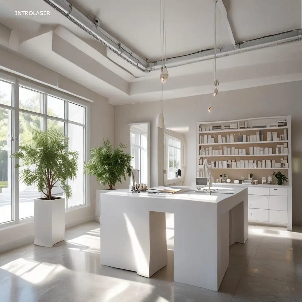    Квалифицированный специалист настраивает профессиональный косметологический диодный лазер перед процедурой в салоне