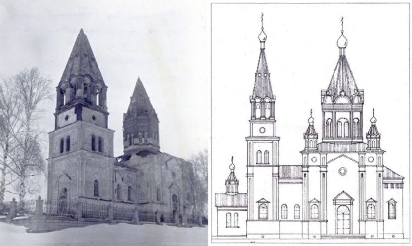 Уникальную Покровскую церковь в селе Гребени построили в 1884 году. Слева фото Алексея Плотникова (1960-е), справа эскизный образ, восстановленный архитектором Александром Куфтериным