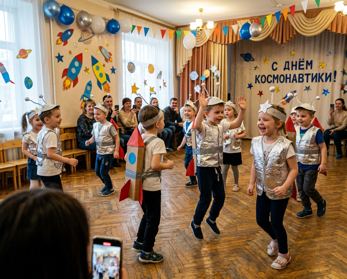Дити танцуют. Утренник День космонавтики