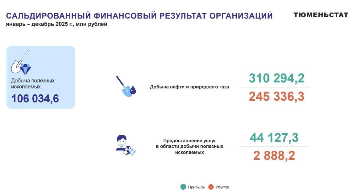    Относительно полученных доходов от добычи нефти и газа убыток составил по итогам 2025 года более 75%   Скриншот / Тюменьстат