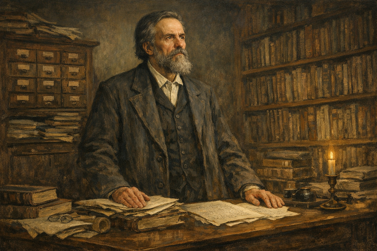 Русский мыслитель XIX века в скромной библиотеке среди старых книг, каталогов и деревянных шкафов. Он стоит у стола с рукописями и смотрит вдаль с выражением глубокой сосредоточенности. Атмосфера тихой интеллектуальной силы, бедной обстановки и огромного внутреннего масштаба. 