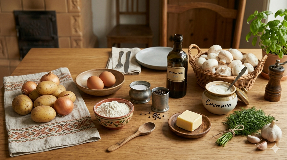 Для драников:                                                                        Картофель — 6 средних клубней.                                   Лук репчатый — 1 головка.                                              Яйцо — 1 штука.                                                                       Мука — 1–2 столовых ложки.                                         Соль, перец — по вкусу.                                                     Масло растительное — для жарки.                                Для грибного соуса:                                                                                             Шампиньоны — 300 г.                                                                                                                 Сметана — 150 г.                                                                                                                                     Лук репчатый — 1 головка.                                                                                                Масло сливочное — 20 г.                                                                                                       Чеснок — 2 зубчика.                                                                                                                          Соль, перец, укроп — по вкусу.                                                                                   