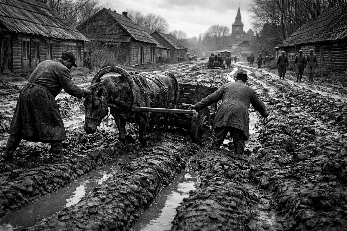 AI-иллюстрация: образ деревенской жизни в сезон бездорожья