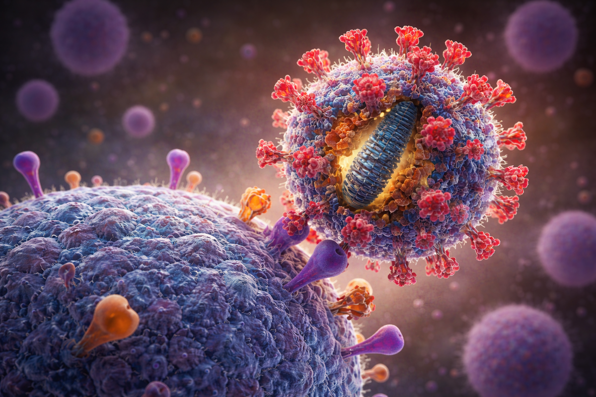 ВИЧ находит CD4-клетки иммунной системы, проникает внутрь и встраивает свою генетическую информацию, используя клетку для размножения.