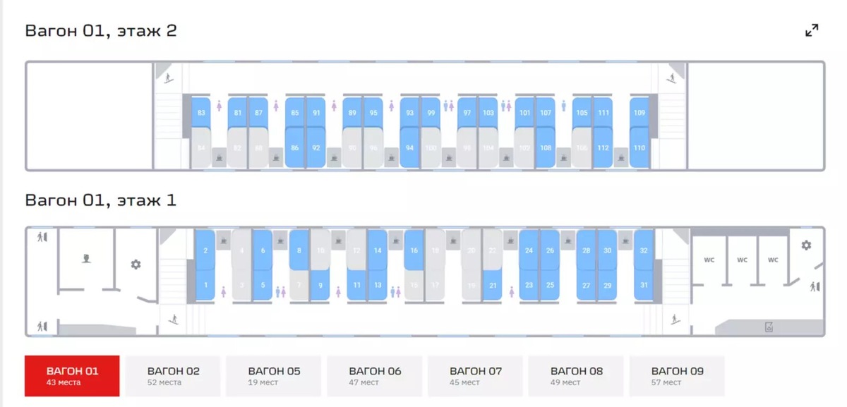 Схема купейного двухэтажного вагона