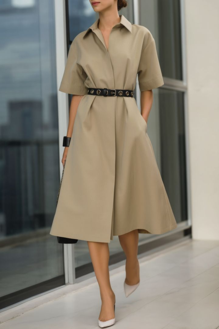Платье-рубашка с поясом на талии: вертикаль пуговиц и чёткая пропорция