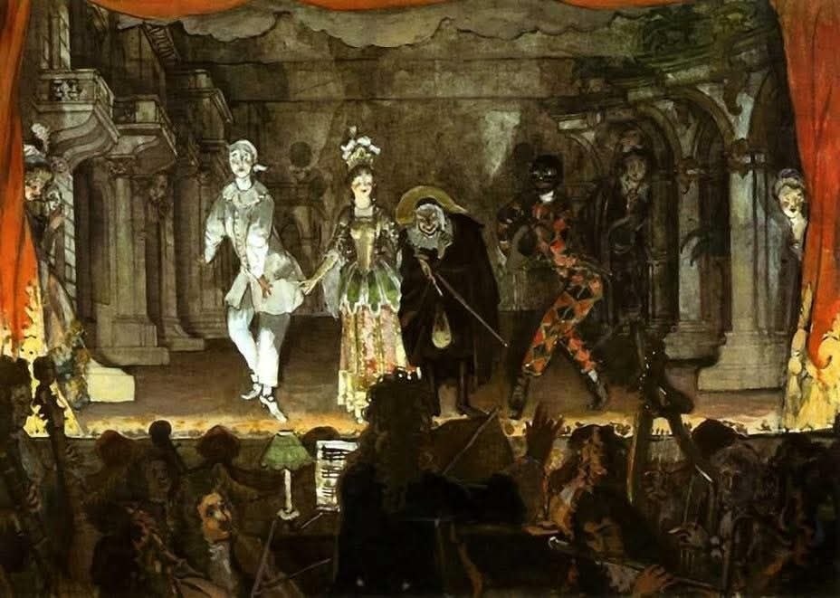 Александр Бенуа «Итальянская комедия», 1906
Холст/Масло; 68,5 x 101 см
Государственный Русский музей