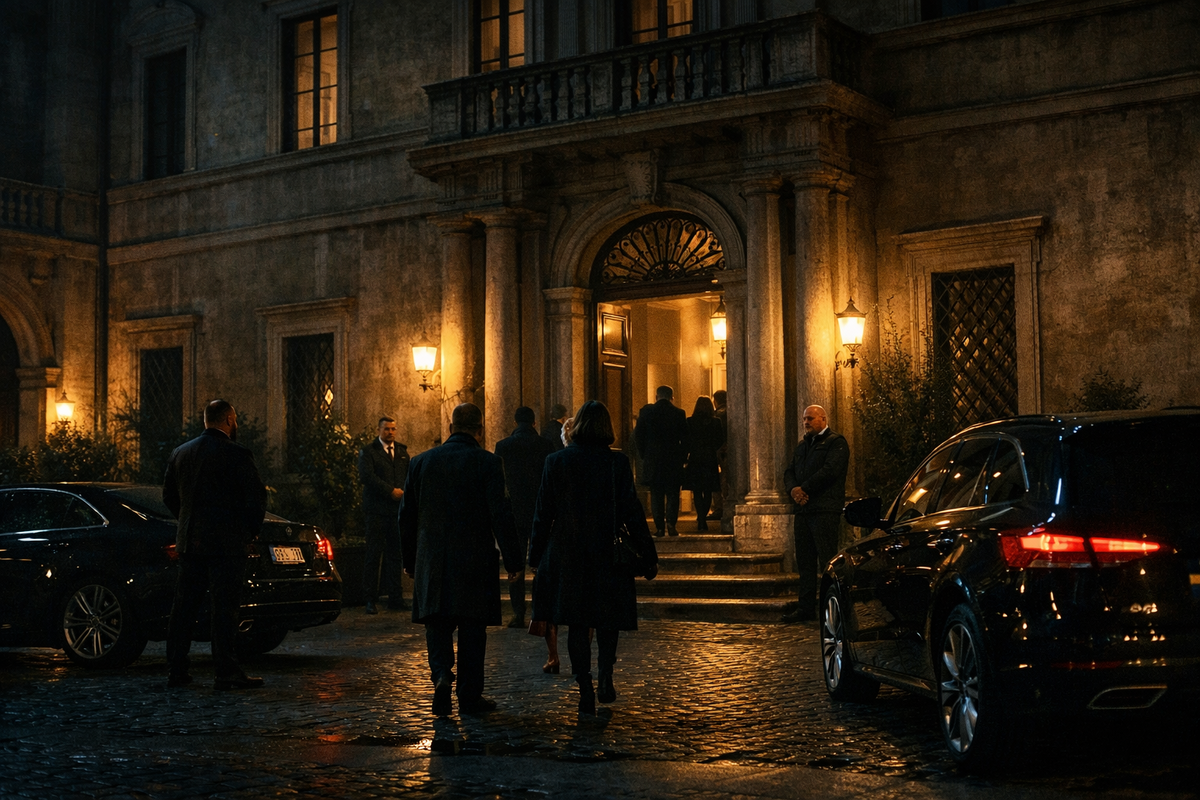 Ночной Рим. Закрытый дворец или старинное палаццо без вывесок. У входа — строгая охрана, несколько дорогих автомобилей, люди в тёмных пальто входят внутрь по приглашениям. Атмосфера секретности, элитарности и напряжённого ожидания.