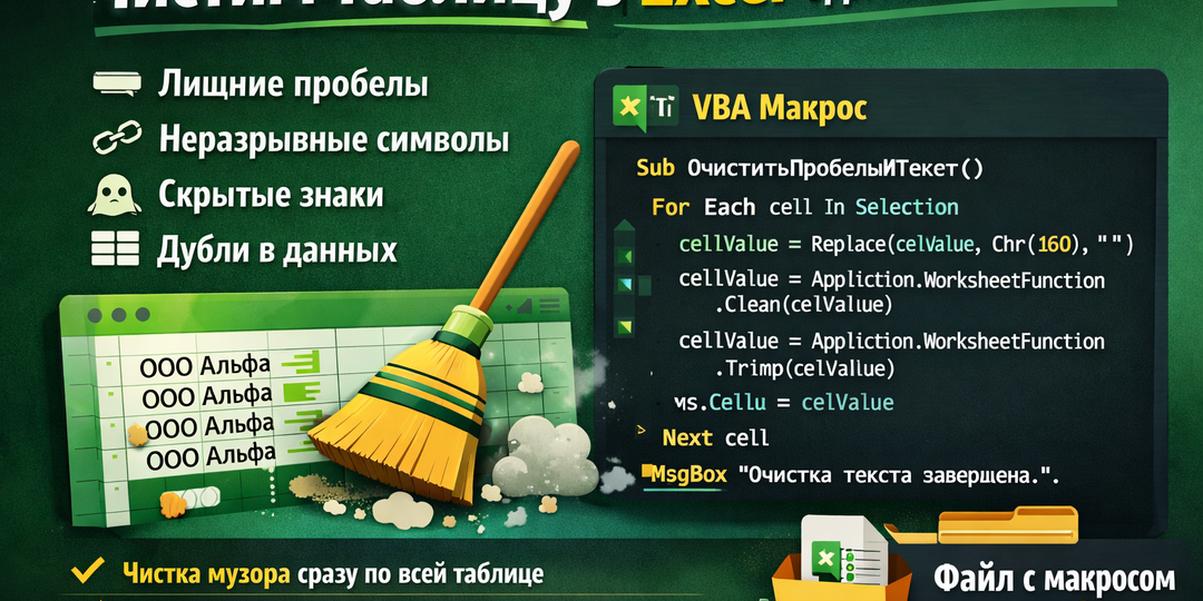 Уберите лишние пробелы и ошибки в Excel одной кнопкой: мощный VBA-макрос для чистки таблиц