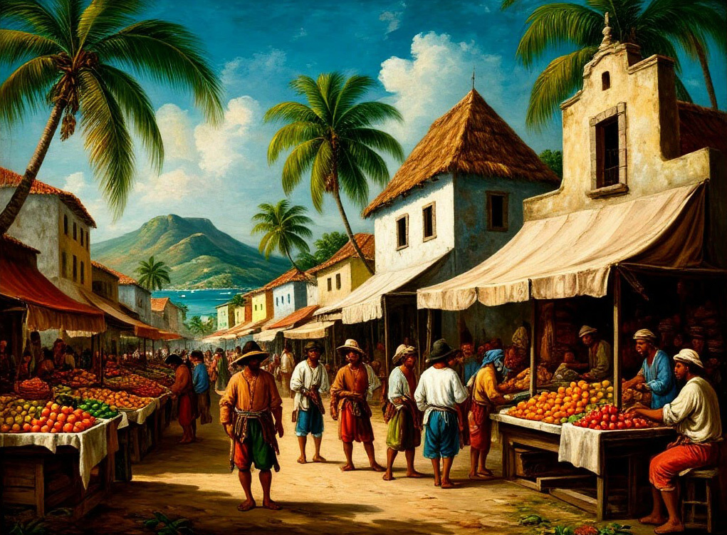 Карибский рынок (изображение, сгенерированное нейросетью).