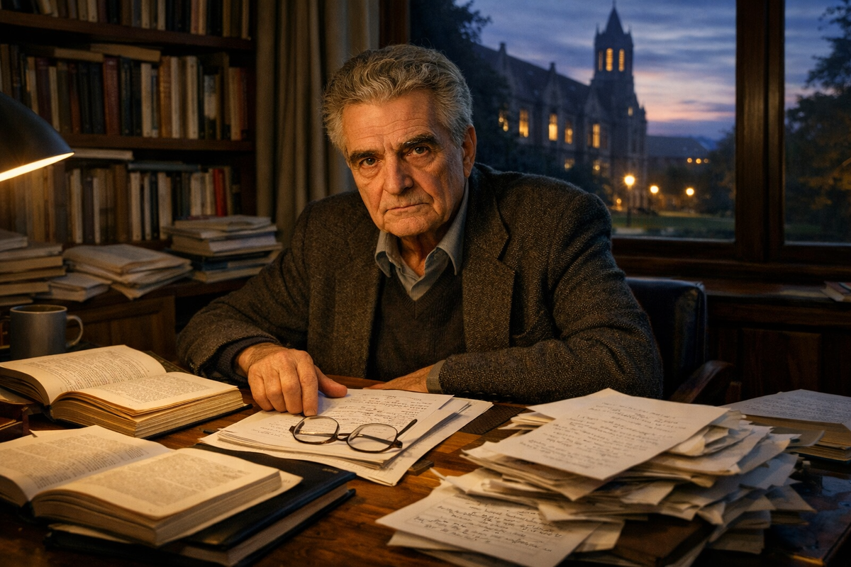 Пожилой французский мыслитель XX века сидит в кабинете среди книг, рукописей и заметок. На столе раскрыты романы, антропологические труды и листы с пометками. За окном вечерний университетский кампус. Лицо сосредоточенное, взгляд глубокий, атмосфера большой мысли и скрытого открытия о природе человека.
