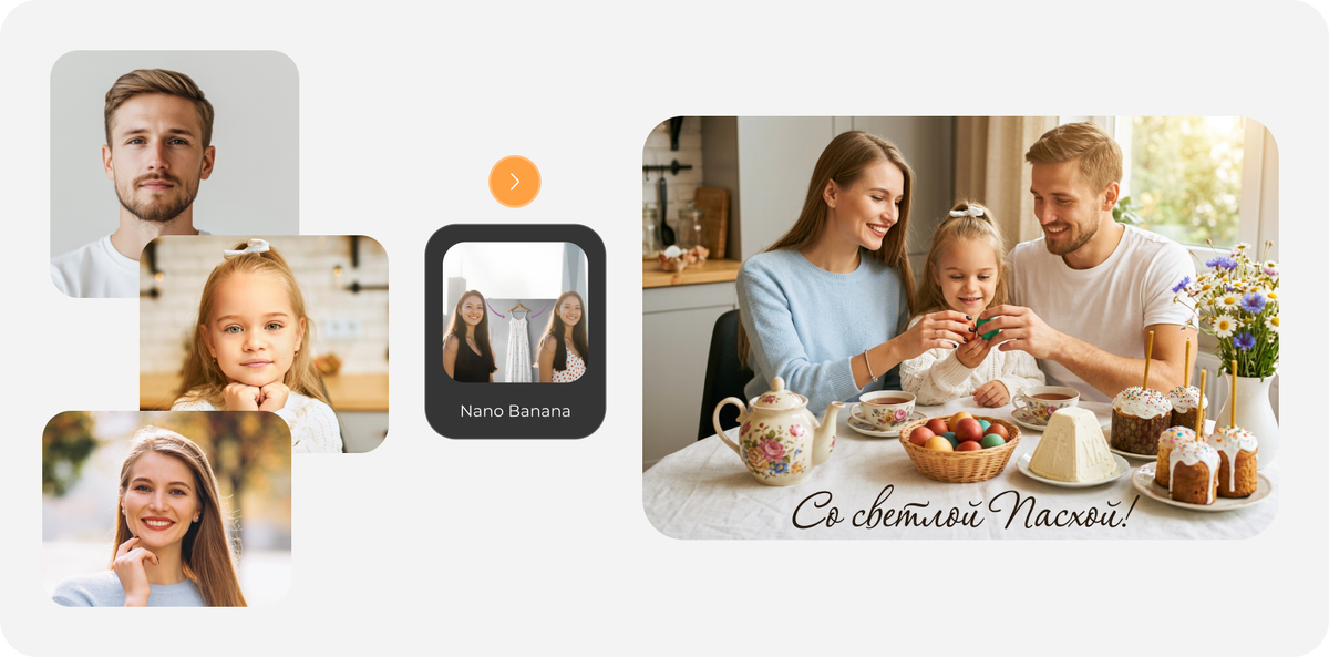 Промпт: Семья сидит за праздничным столом, накрытым белой скатертью. Сохрани внешность всех членов семьи с загруженных фотографий без морфинга и изменений. В точности сохрани их внешность, черты лица, индивидуальность и возраст. На столе стоит заварочный чайник, чашки с чаем на блюдцах куличи, крашенки, букет полевых цветов и творожная пасха. Все тянутся друг к другу руками, чтобы чокнуться яйцами. Уютная атмосфера, свет из окна, крупный план, домашнее тепло, реалистичная фотография. Внизу надпись красивым рукописным шрифтом Со светлой Пасхой!