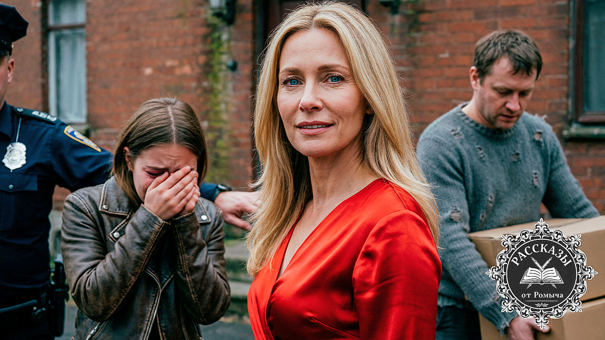 Женщина, светлый блонд, голубые глаза, в ярко-красном шелковом платье. Она стоит на фоне кирпичного дома, на её лице холодное удовлетворение. Позади неё муж в тусклом свитере выносит коробки. На переднем плане – плачущая сестра в дешевой куртке, которую отстраняет полицейский.