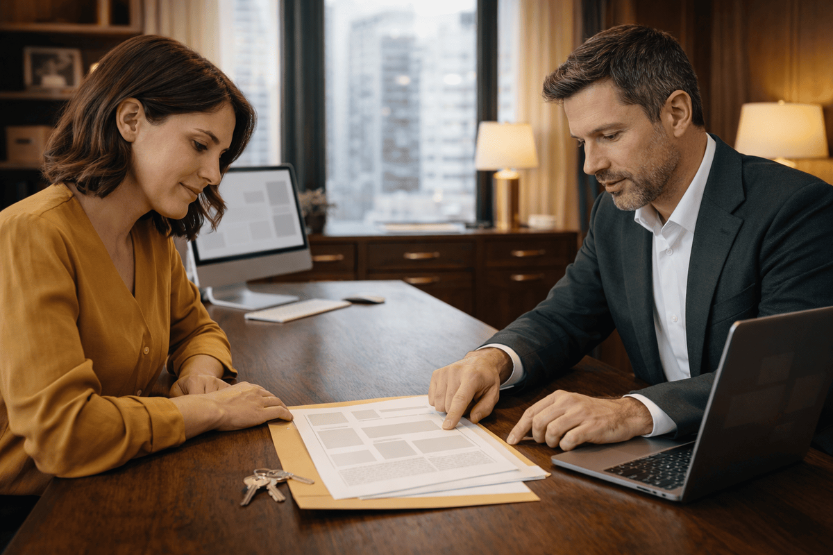 Покупатель и эксперт по недвижимости обсуждают документы на квартиру перед сделкой в офисе