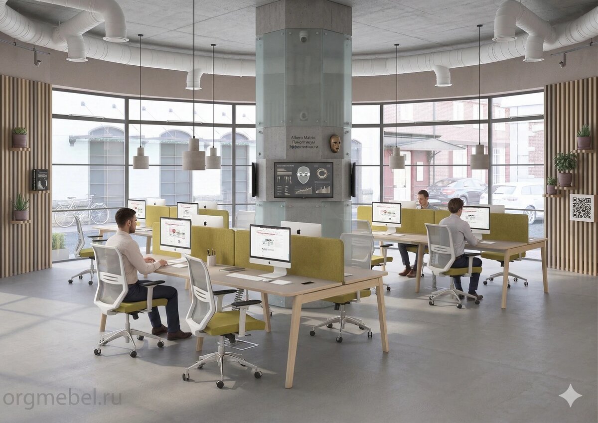 Современный "Паноптикум комфорта": идеальная просматриваемость процессов, где контроль достигается не страхом, а безупречной эстетикой и уютом. На фото — рабочие станции серии Albero.