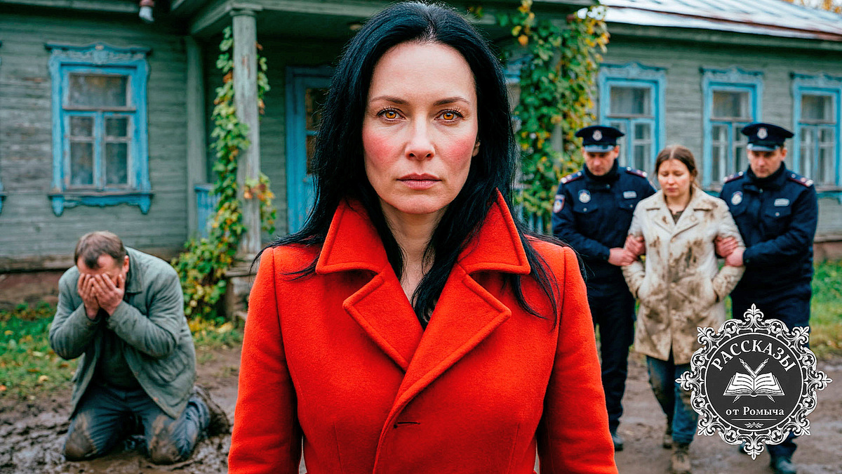 Женщина с черными волосами и янтарными глазами, в ярко-красном пальто, стоит на фоне старой дачи. На заднем плане оперативники ведут под руки женщину в светлом испачканном пальто, а мужчина в тусклой куртке сидит на коленях в грязи, закрыв лицо руками.