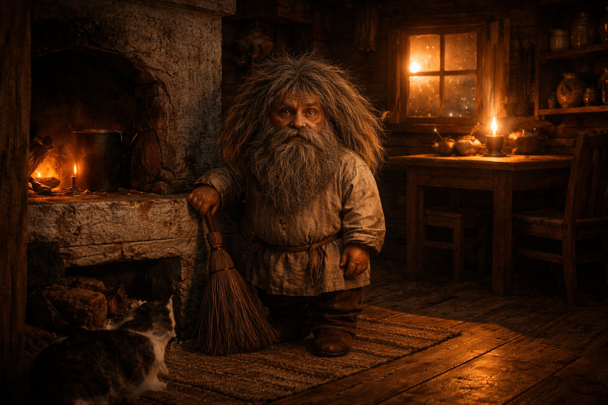 Старинная деревенская изба ночью. В центре кадра — домовой: маленький, коренастый, старый, с густой бородой, лохматыми волосами, в простой льняной рубахе, сидит или стоит у печи как хозяин дома. Вокруг — деревянная мебель, полки с посудой, тёплый свет лампы, кошка у порога. Домовой выглядит не комично, а серьёзно и по-народному убедительно, как древний хранитель жилища.